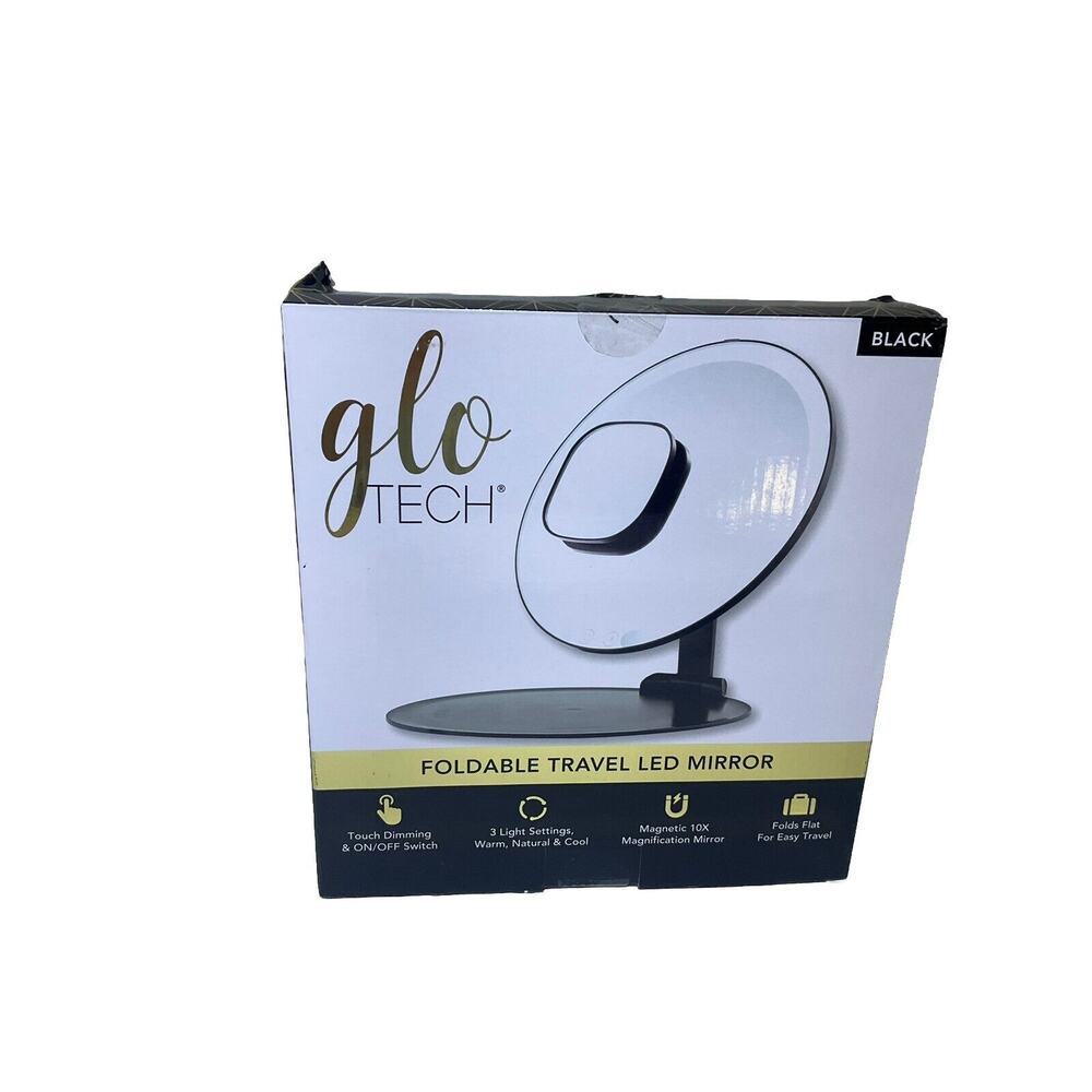 Glo Tech Foldable Travel LED Mirror Portable Black USB-C charging Open Box